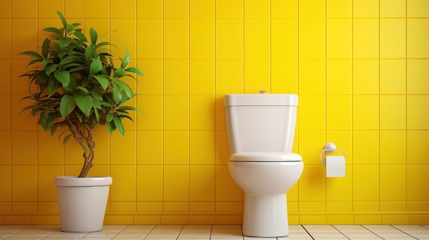 Ярко-желтый фон ванной комнаты с белым туалетом и табуретом