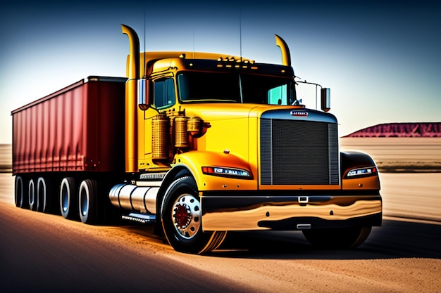 A bright yellow truck with a red trailer on the side of it.