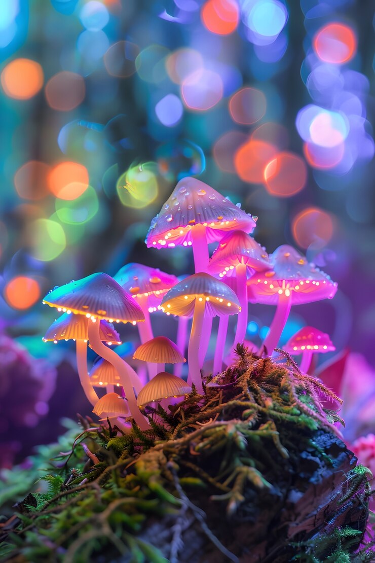 Free Photo brightly colored lights with mushrooms and fungi