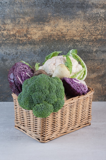 Broccoli, cabbage and radish in wooden box. High quality photo