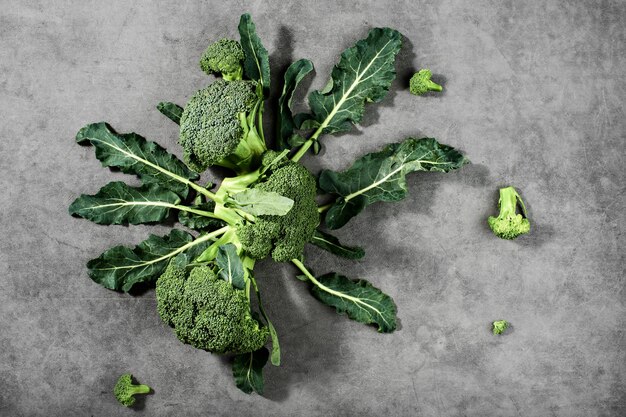 Broccoli inflorescences on laid out on a gray background, top view. Healthy vegetable products, food delivery from farms