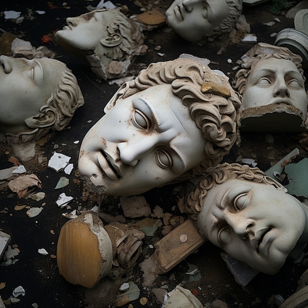 Free photo broken greek busts on the ground