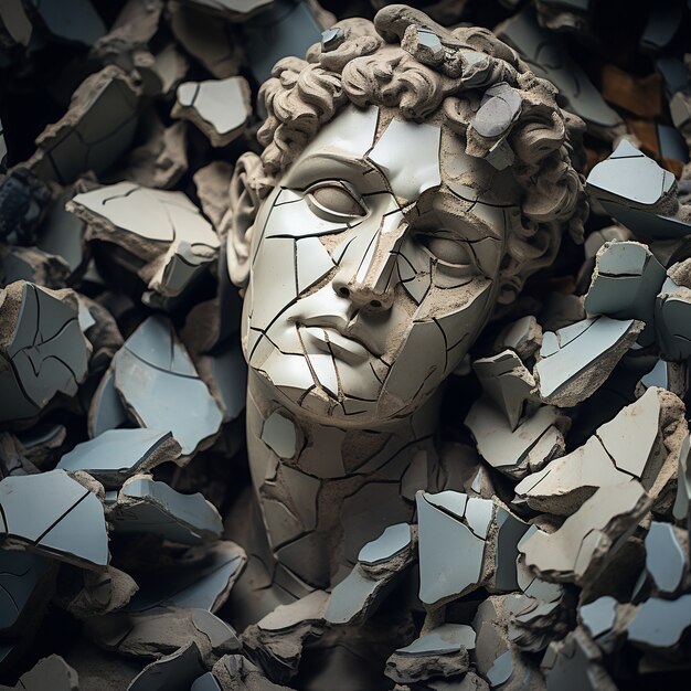 Broken greek busts on the ground