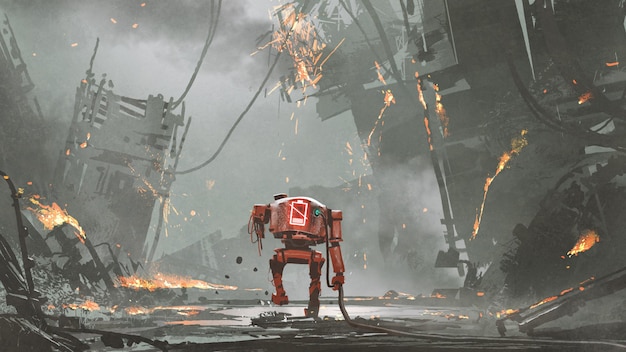 Broken robot with low-battery walking in ruined city, digital art style, illustration painting
