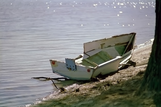 Broken small boat parked on the body of the water