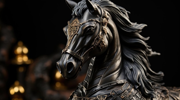 Free photo bronze knight horse on a black background closeup