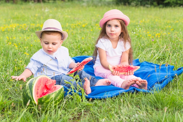 Brother and sister enjoying the watermelon in the park