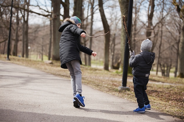 Brothers playing with sticks in the park