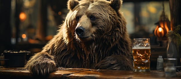 Orso bruno con un bicchiere di birra su un tavolo in un pub