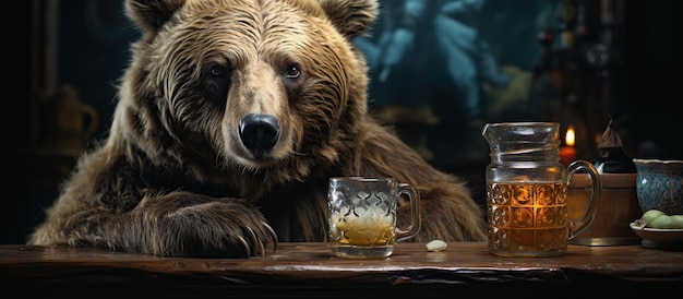 Brown bear with a glass of beer on a table in a pub