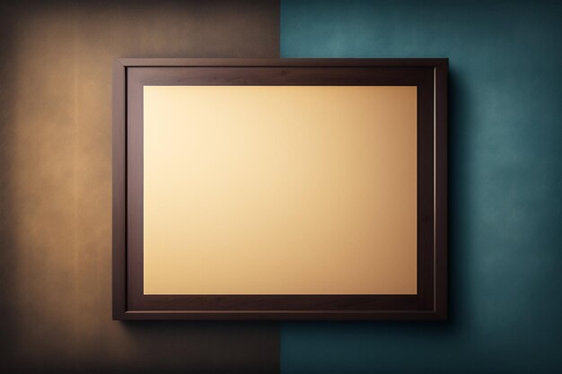 A brown and blue frame on a wall with the word art on it