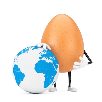 흰색 바탕에 지구 글로브와 함께 갈색 닭고기 달걀 사람 캐릭터 마스코트. 3d 렌더링