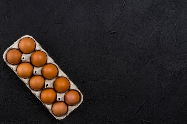 Brown chicken eggs in rack on black table