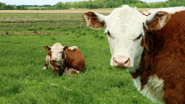 Brown cute cows on the grass in the field