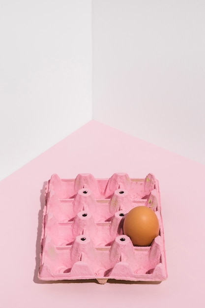 Free photo brown egg in pink rack on light table