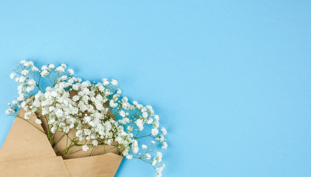 Brown envelop with small white gypsophila flowers arranged on corner of blue backdrop