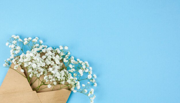 Brown envelop with small white gypsophila flowers arranged on corner of blue backdrop