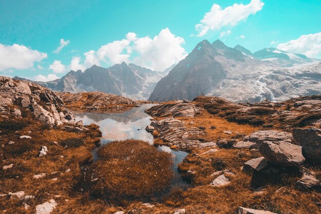 Brown grass field near snow covered mountain during daytime