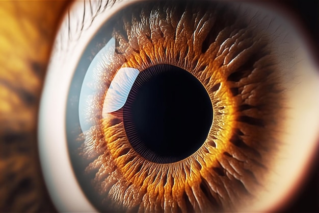 Free photo brown human eye macro closeup with eyeball iris and reflection light