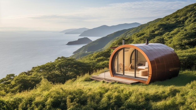 Free photo brown luxury pod home on hill sun day