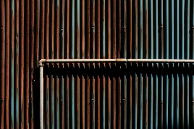 Brown metal tube on brown and blue rusty poles