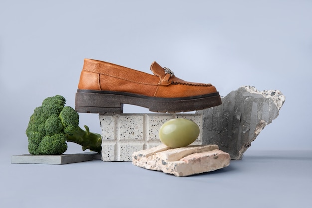 Free photo brown shoe with rocks and broccoli