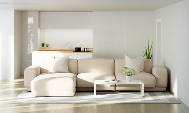 Brown sofa in white living room with copy space
