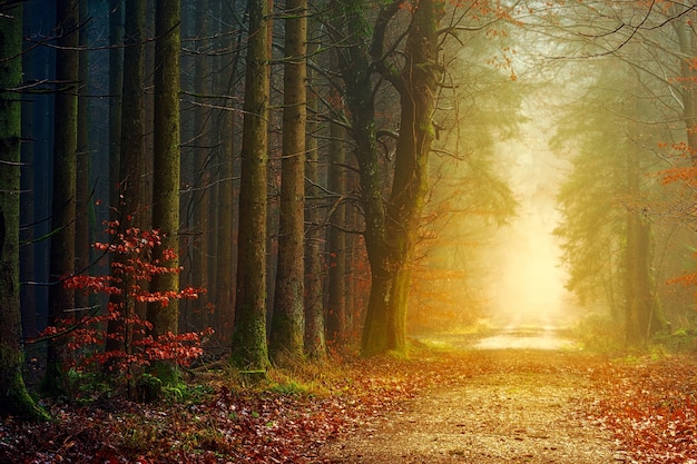 Brown trees with fog during daytime