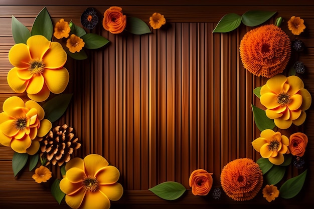 Free photo a brown wooden background with yellow flowers and leaves