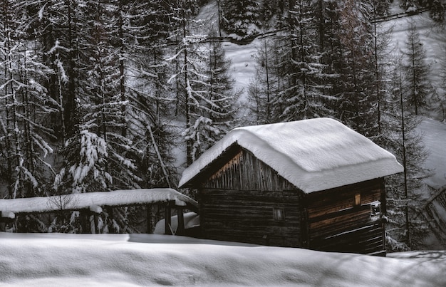 雪の中に茶色の木造の納屋