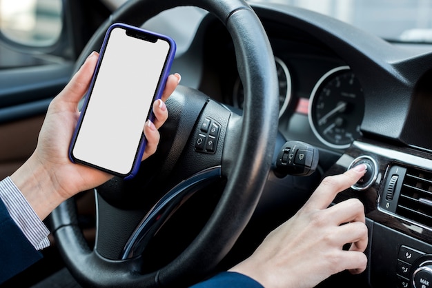 Brunette businesswoman showing smartphone