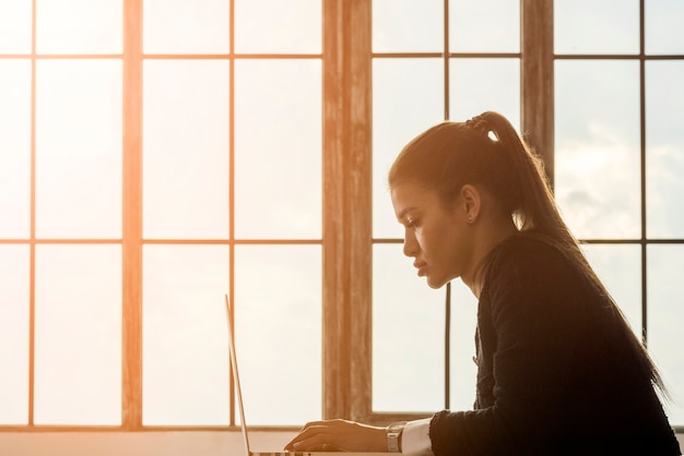 Brunette businesswoman working at her office