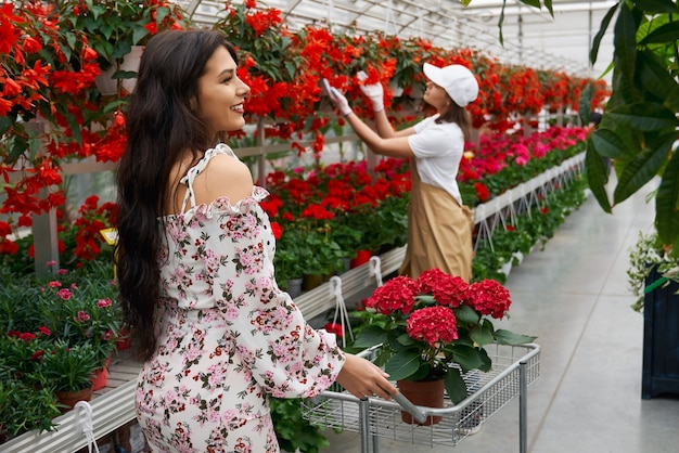 brunette woman and young worker choosing flowers
