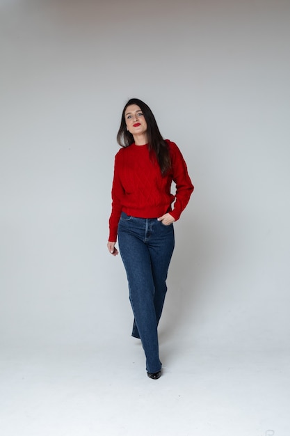 Brunette young girl model in red sweater posing  