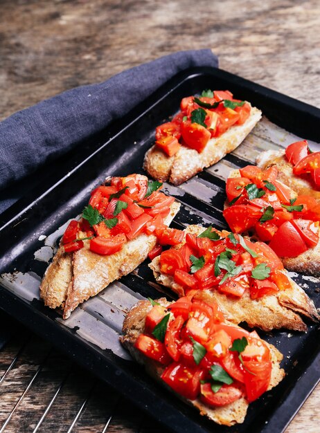 Bruschetta on a baking tray