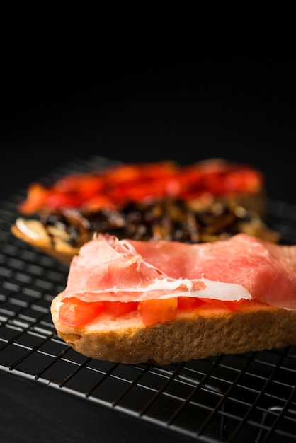 Bruschetta with salmon close up