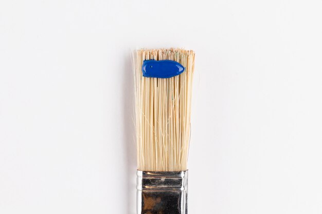 Brush with blue paint and white background