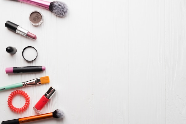 Brushes and assorted cosmetics