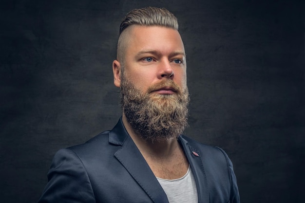 Brutal bearded male in a violet jacket, isolated with contrast illumination on grey background.