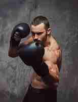 Free photo a brutal muscular boxer with boxing gloves working on punching technique.