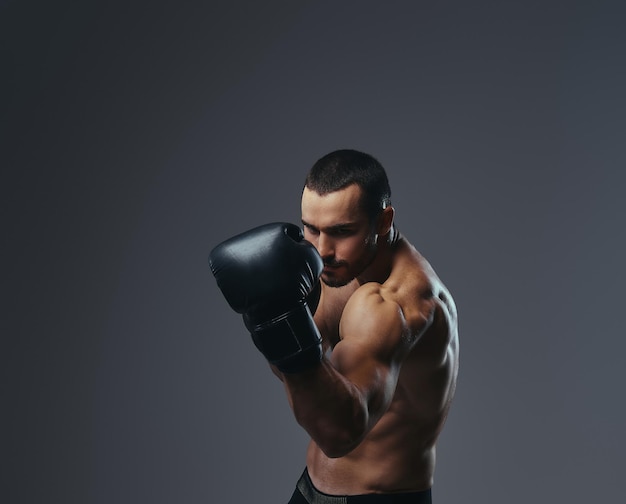 A brutal shirtless caucasian sportsman in boxing gloves training isolated on a gray background.