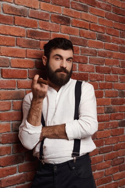 Brutal young handsome man smoking cigar on brick wall.