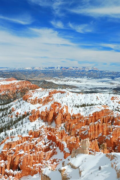 Bryce canyon panorama with snow in Winter with red rocks and blue sky.