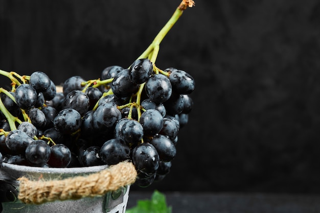 A bucket of black grapes with leaves on dark background. High quality photo