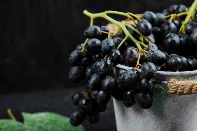 A bucket of black grapes with leaves on dark background. High quality photo