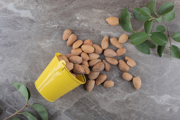 Free photo bucket, leaves and almonds on the marble surface