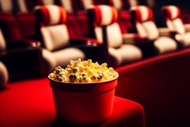 Foto gratuita un secchio di popcorn si trova davanti a un cinema.