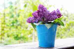 Free photo bucket with a branch of lilac flower