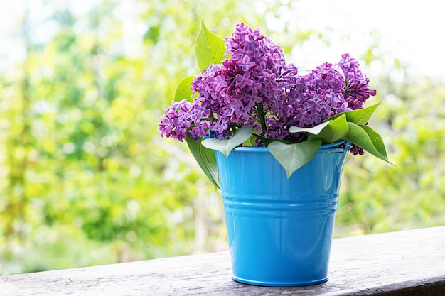 Bucket with a branch of lilac flower