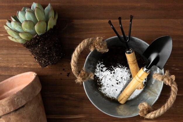 Bucket with gardening tools on floor